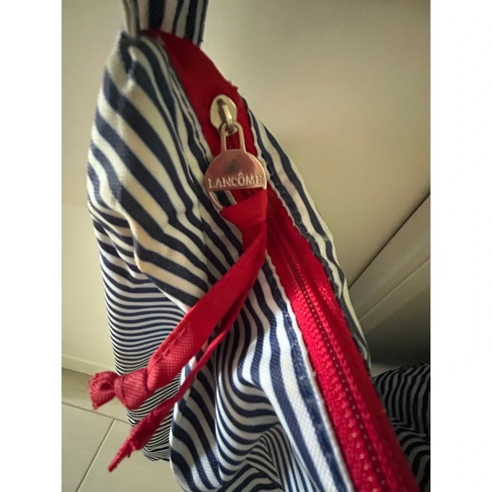 Lancome Paris Nautical Striped Hobo Bag Navy Blue White Red Zipper Tote